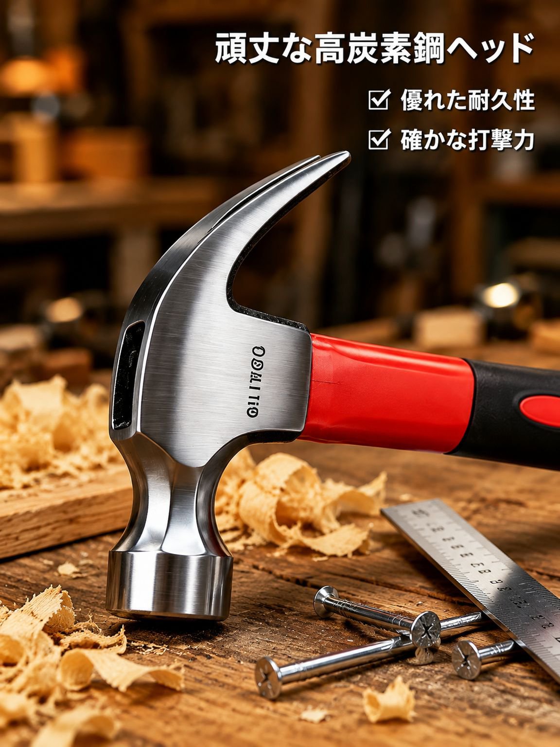 家庭用多機能釘打ちハンマー、木製柄・高炭素鋼ヘッド