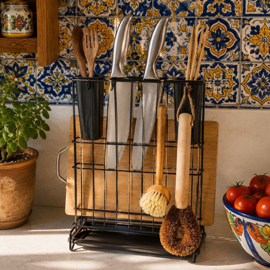Soporte doméstico para cucharas con tabla de picar