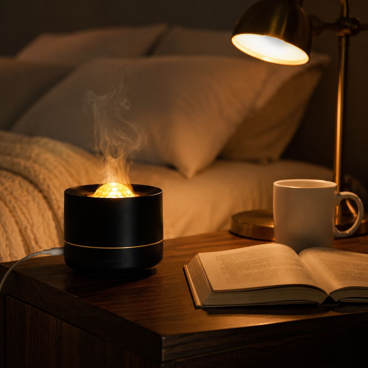Close-up view of portable aromatherapy humidifier emitting mist