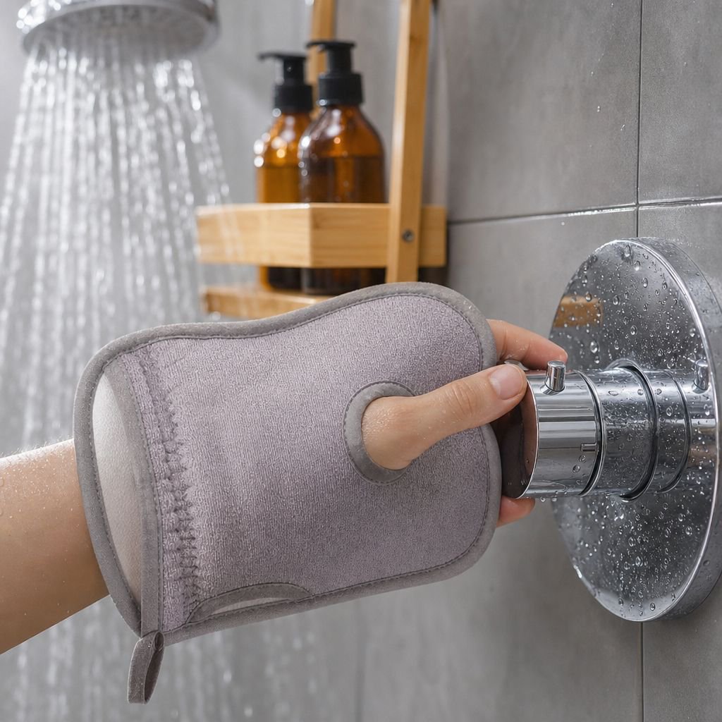 Spa-like exfoliation with bath glove and towel