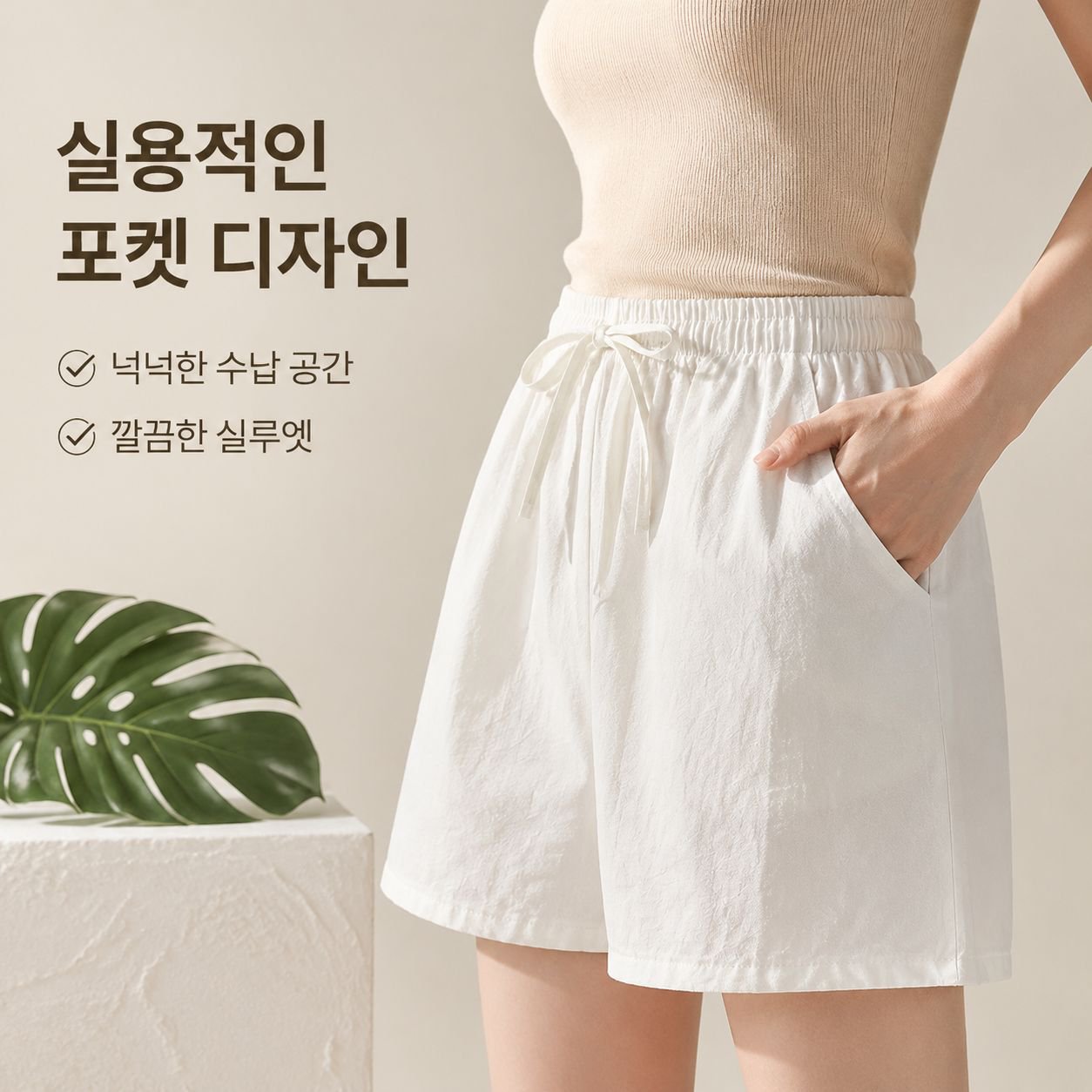 순면 소재의 반바지로, 여름에 입기 좋은 A라인 5부 팬츠입니다.