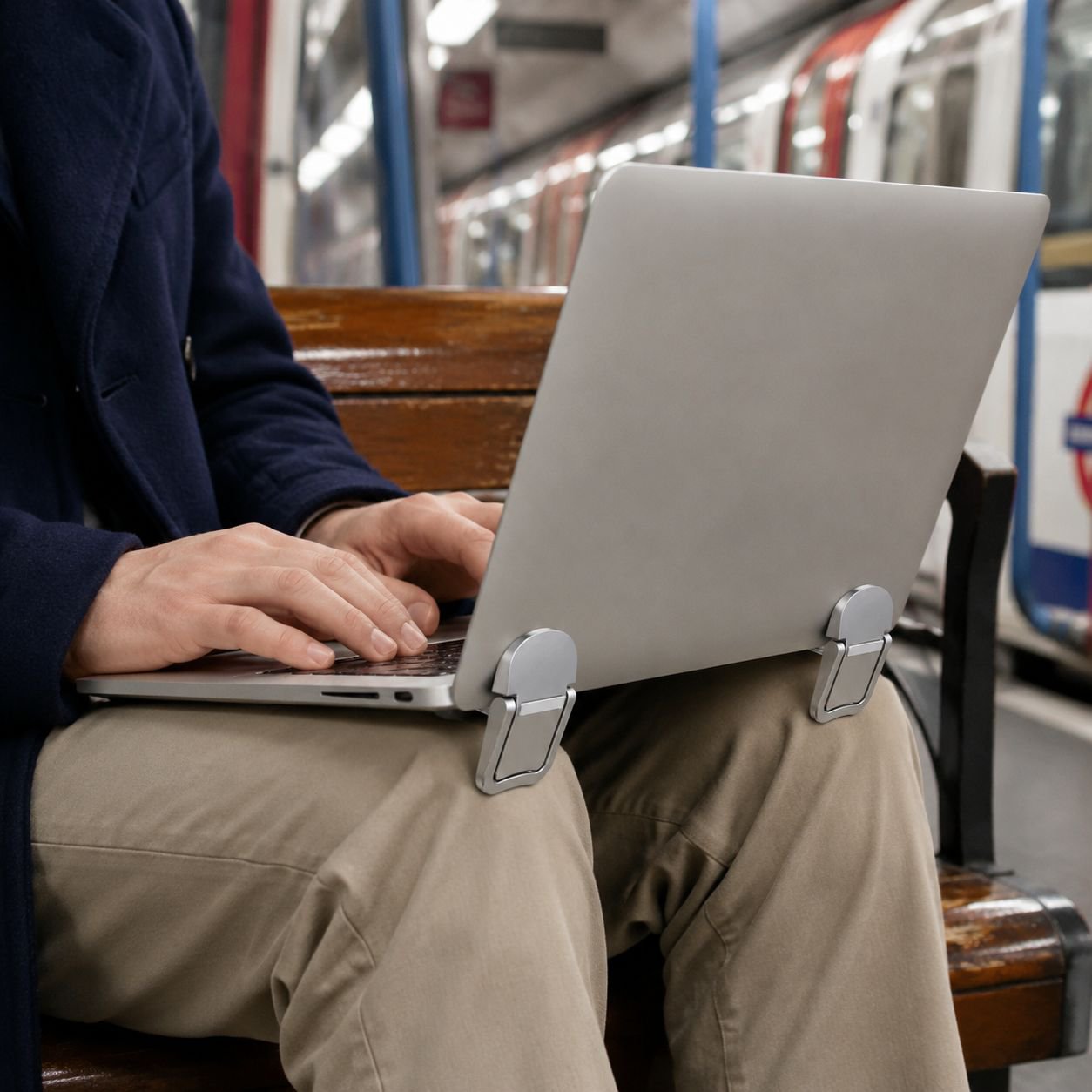 Laptop on portable desktop stand improving posture