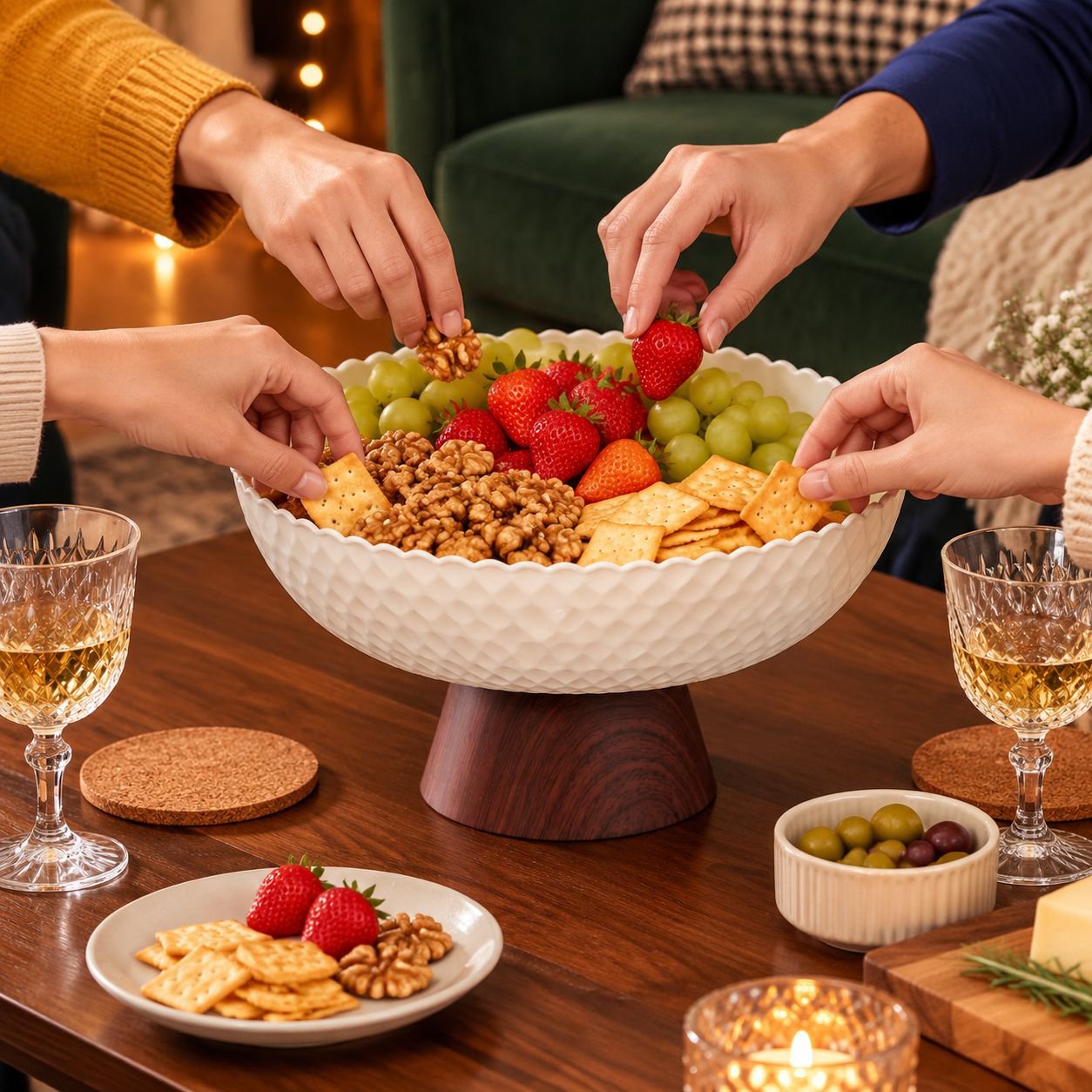 Artistic flat-lay of wooden fruit dish and matching tea table