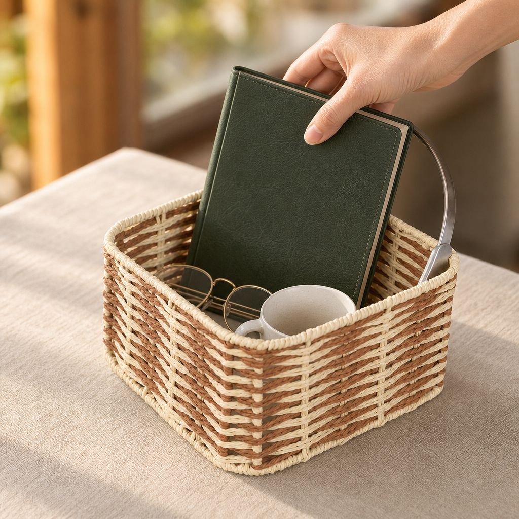 Vue rapprochée du panier de rangement rectangulaire pour bureau