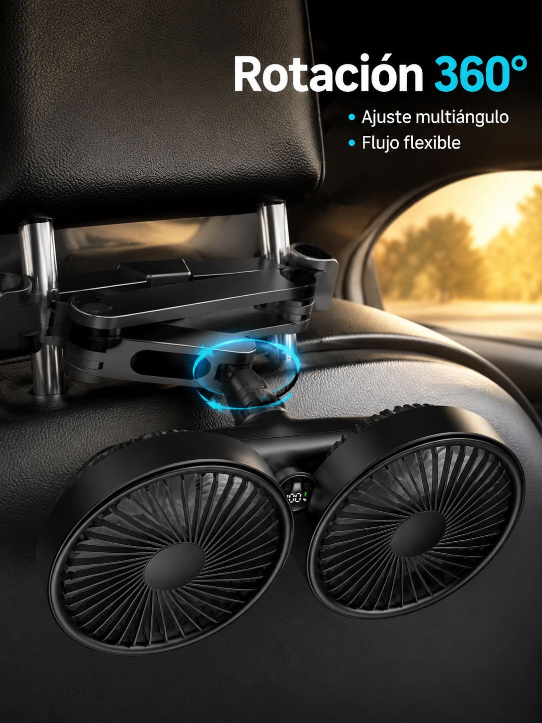Ventilador de coche de doble cabezal para asiento trasero, potencia fuerte y diseño telescópico