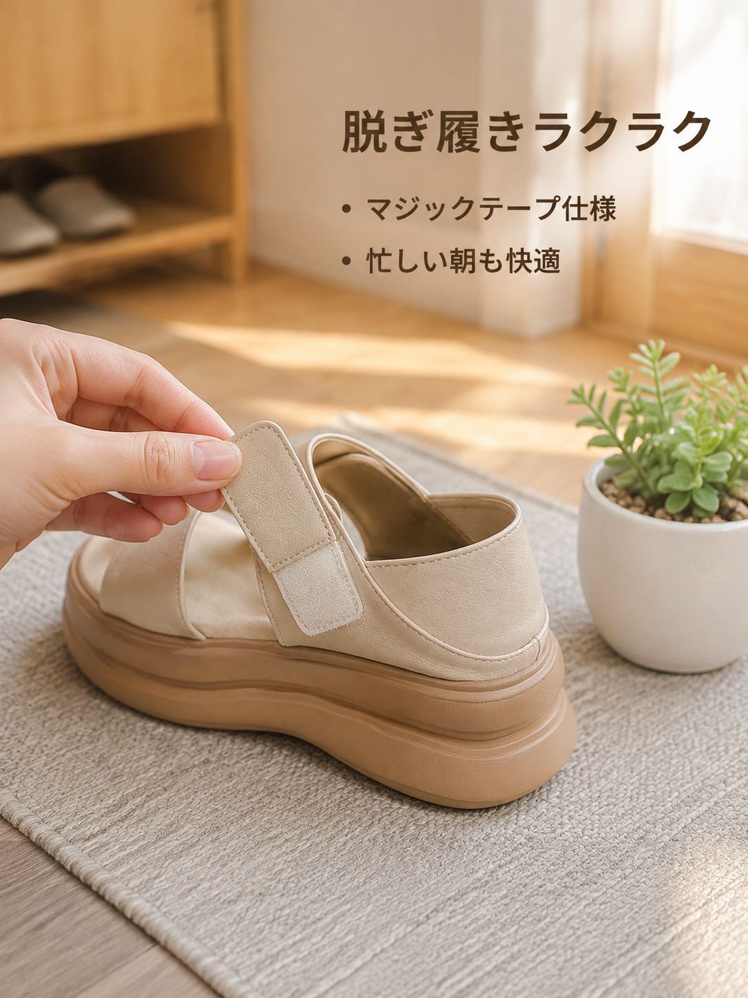 夏用レディースかかと付きマジックテープローマサンダル 外履き