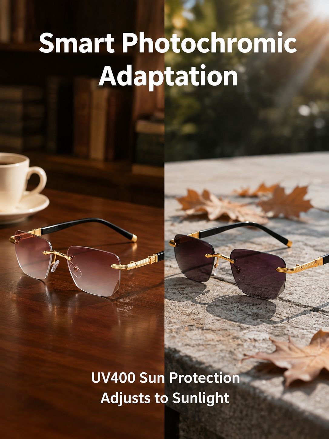 Frameless Blue Light Blocking Photochromic Progressive Reading Glasses