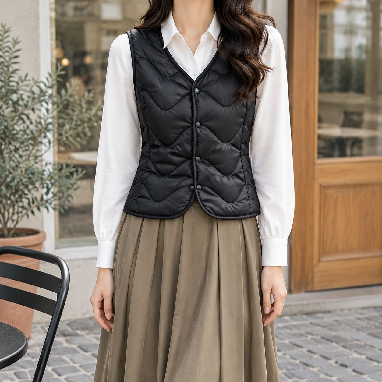 도톰한 두께감의 여성용 민소매 조끼 옆모습