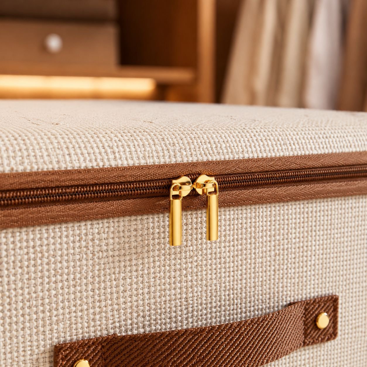 Storage box with zipper closure and reinforced handles