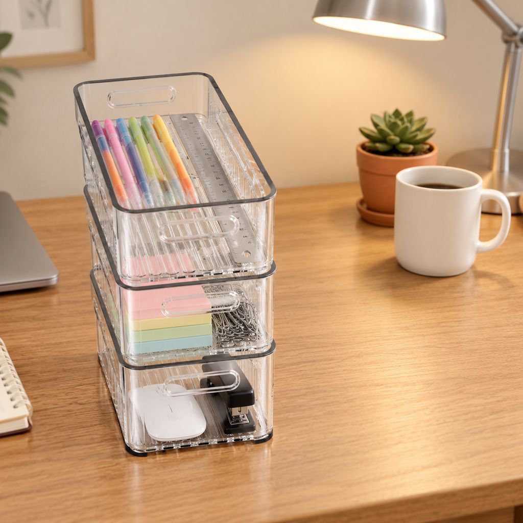 Caja de almacenamiento de escritorio rectangular estrecha de acrílico transparente