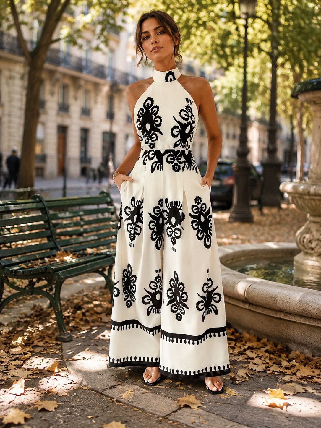 Combinaison femme été imprimée ajustée col rond ceinture tendance
