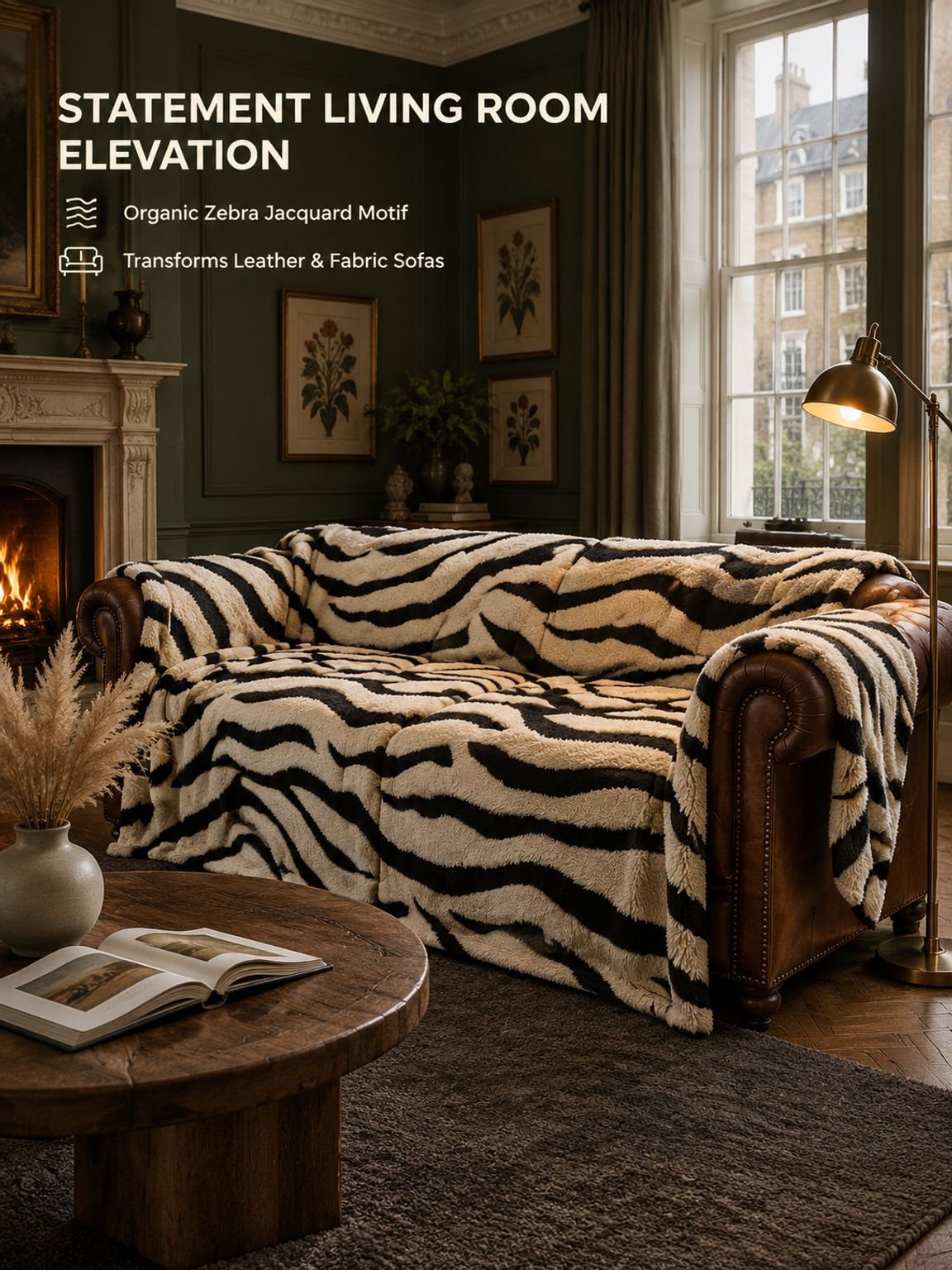 Plush zebra pattern sofa throw blanket covering a living room couch