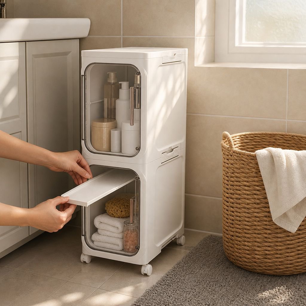 Multi-purpose bathroom storage shelf