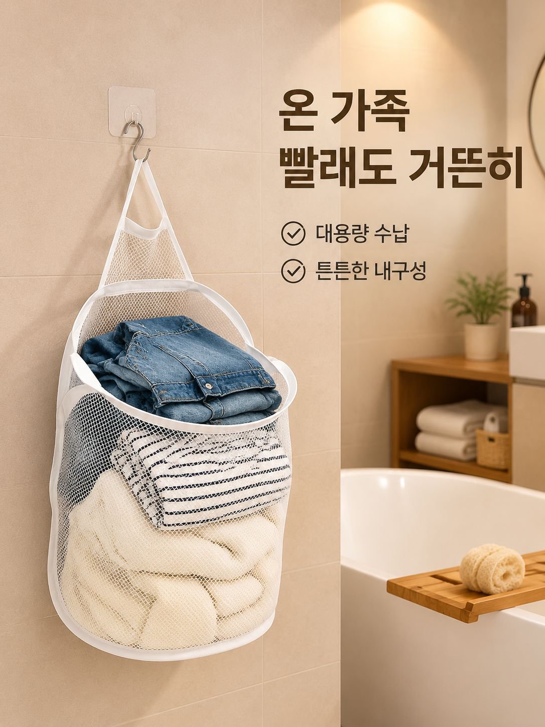 구멍 뚫지 않는 벽걸이 더러운 옷 수납 주머니, 욕실 전용 접이식 더러운 옷 바구니, 망사透기 디자인