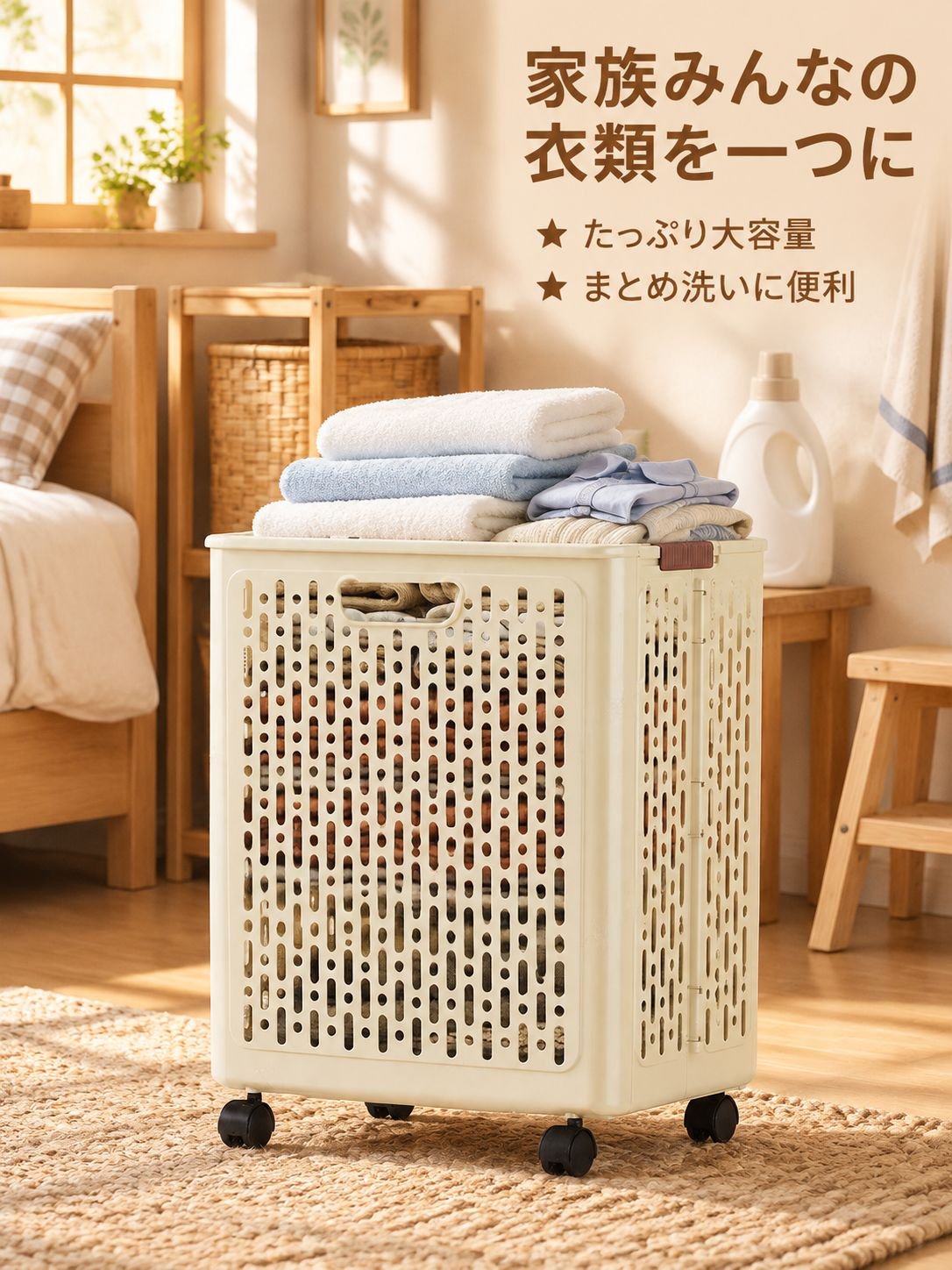 折りたたみ式ランドリーバスケット キャスター付き 大容量 家庭用バスルーム用