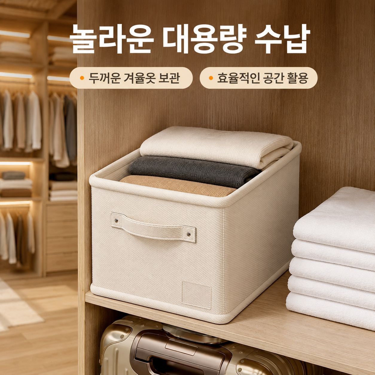 옷 정리용 손잡이가 달린 대용량 면/린넨 수납함