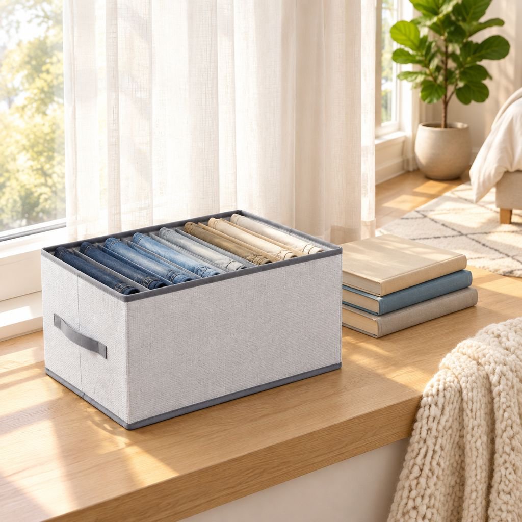 Foldable Partitioned Storage Bin for Pants and Clothing