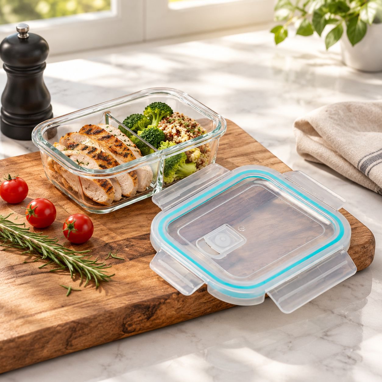 Microwave Safe Divided Glass Bento Lunch Box with Lid Food Storage Container