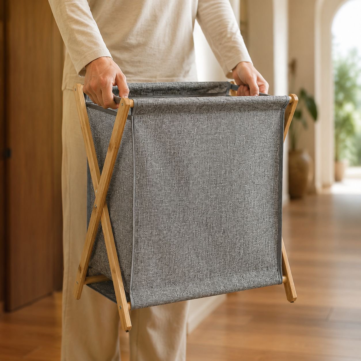 Cesta de ropa plegable de bambú y PVC ecológico para el hogar