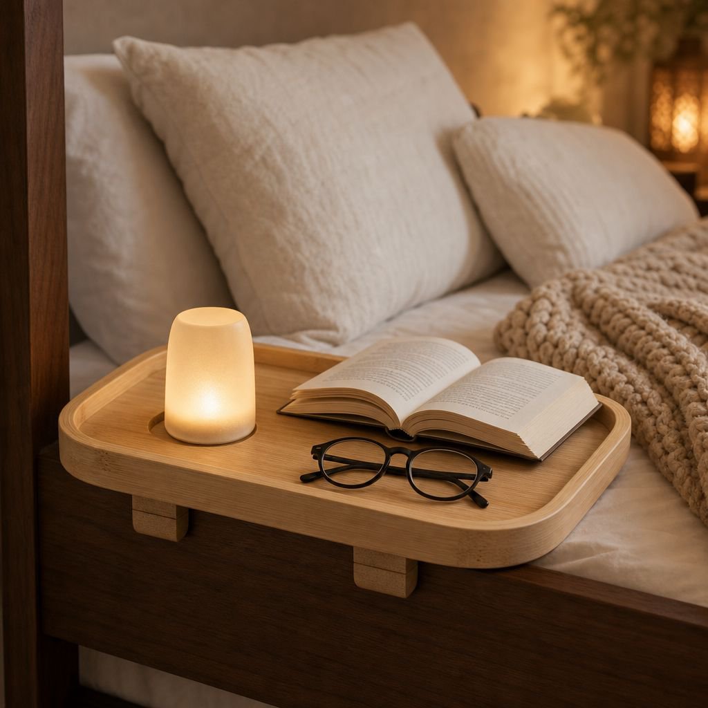Einfach zu montierendes Bambus Tablett für Bett
