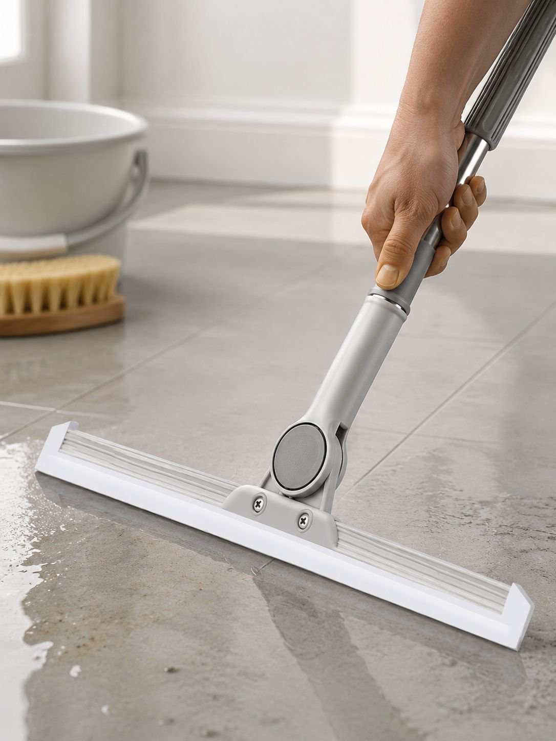 Easy-to-use retractable squeegee for tile and floor cleaning