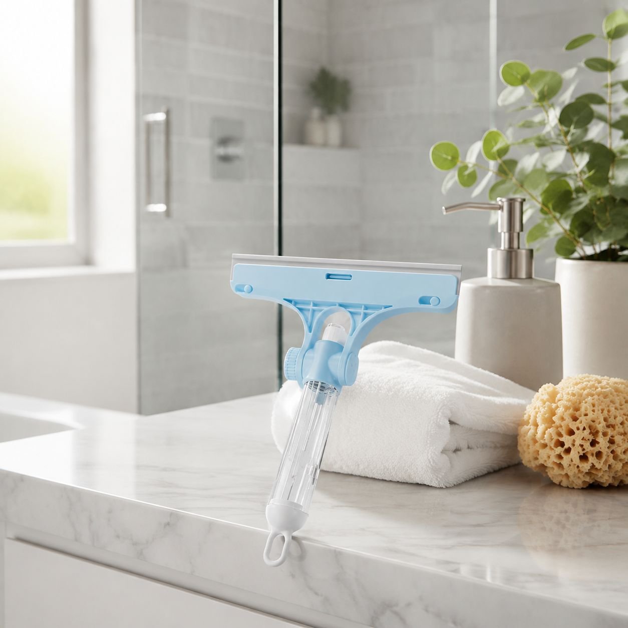Mopa ergonómica con raspador y botella de spray, diseño de almacenamiento conveniente