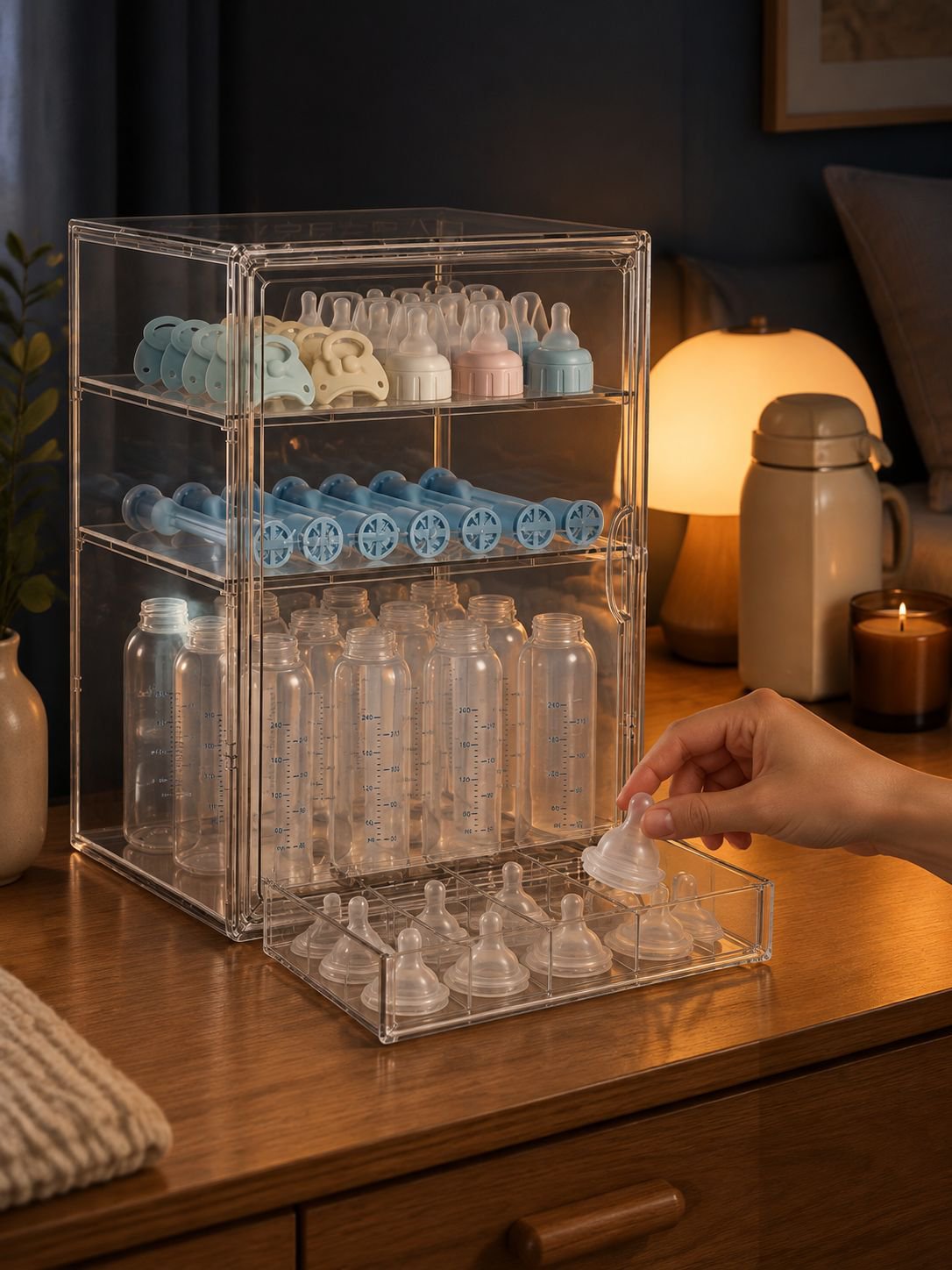 Solution de rangement pour protéger les biberons et accessoires de bébé de la poussière