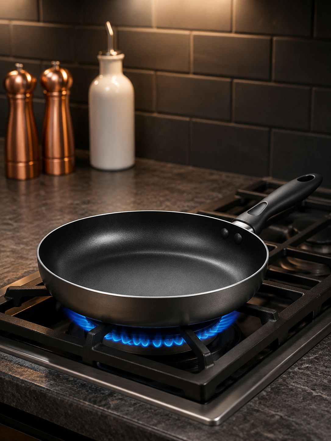 Flat pan with ergonomic handle for comfortable grip
