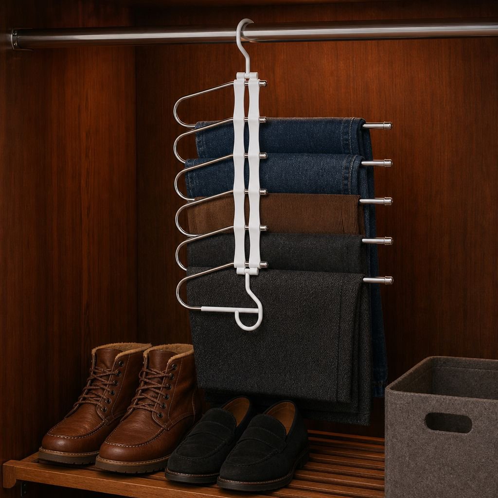 Perchero ahorra espacio para pantalones en uso doméstico