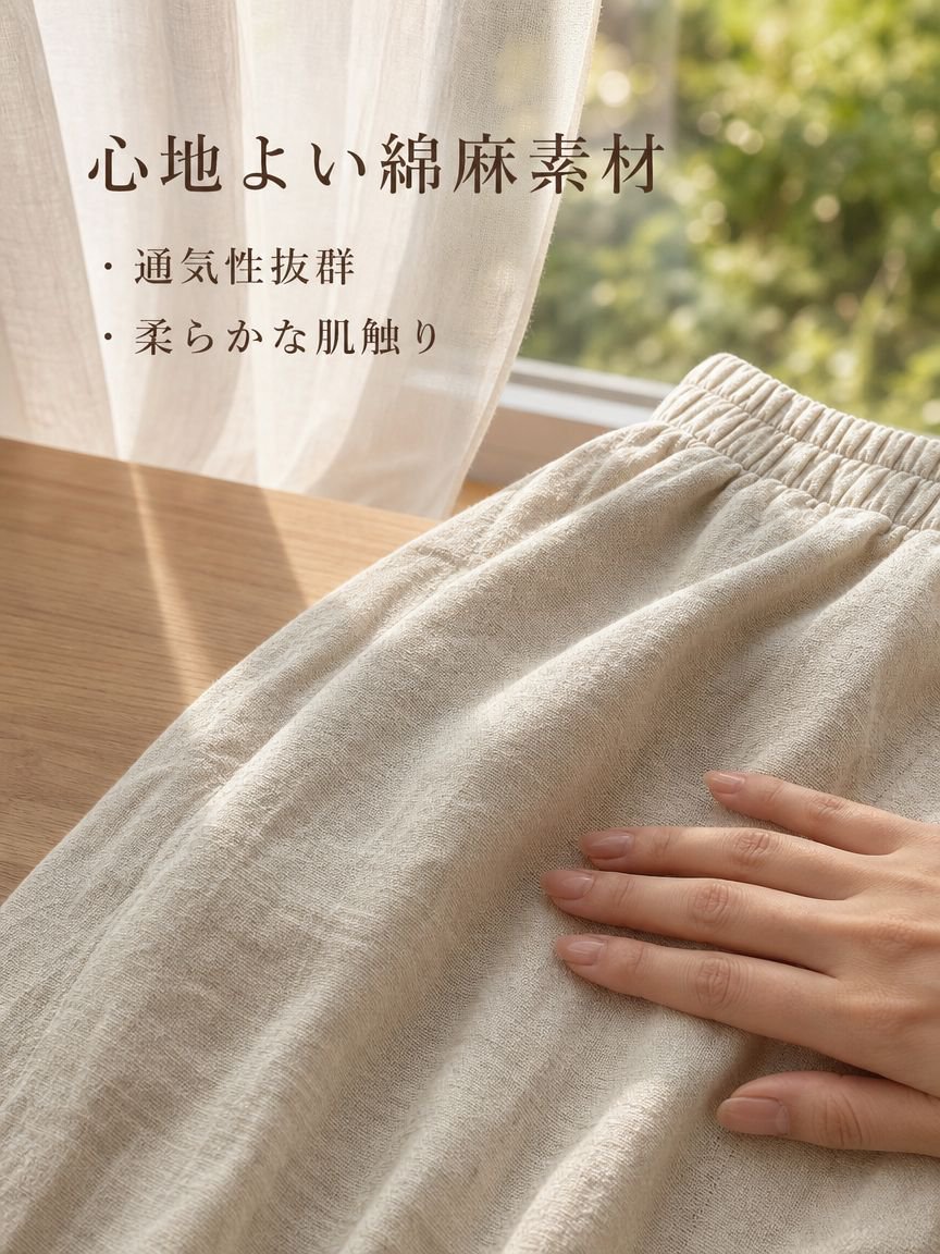 レディースのコットンリネン混紡ワイドレッグパンツ。夏の新作スタイルで、ゆったりとしたフィット感、着回し力抜群。裾にはレースのトリム、若々しいストレートレッグデザイン。