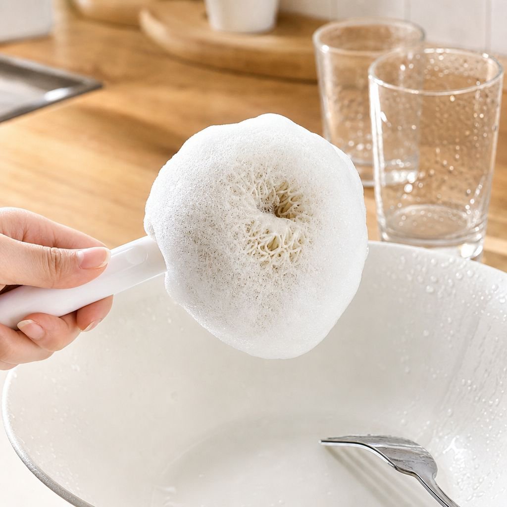 Scrubbing ball that won't damage pots or hands, a kitchen scrubber and dishwashing tool with a handl