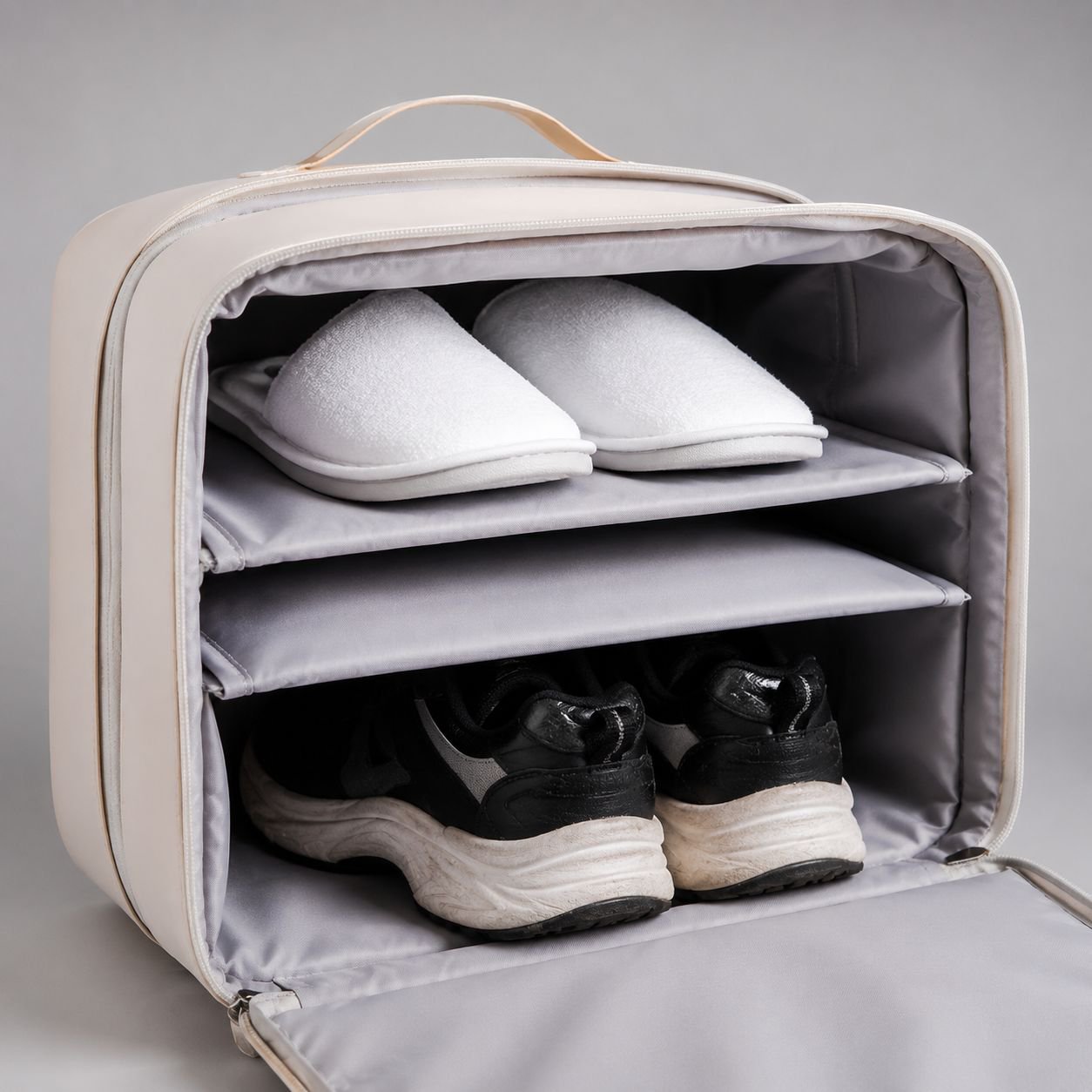 Travel shoe organizer showing compact folded design