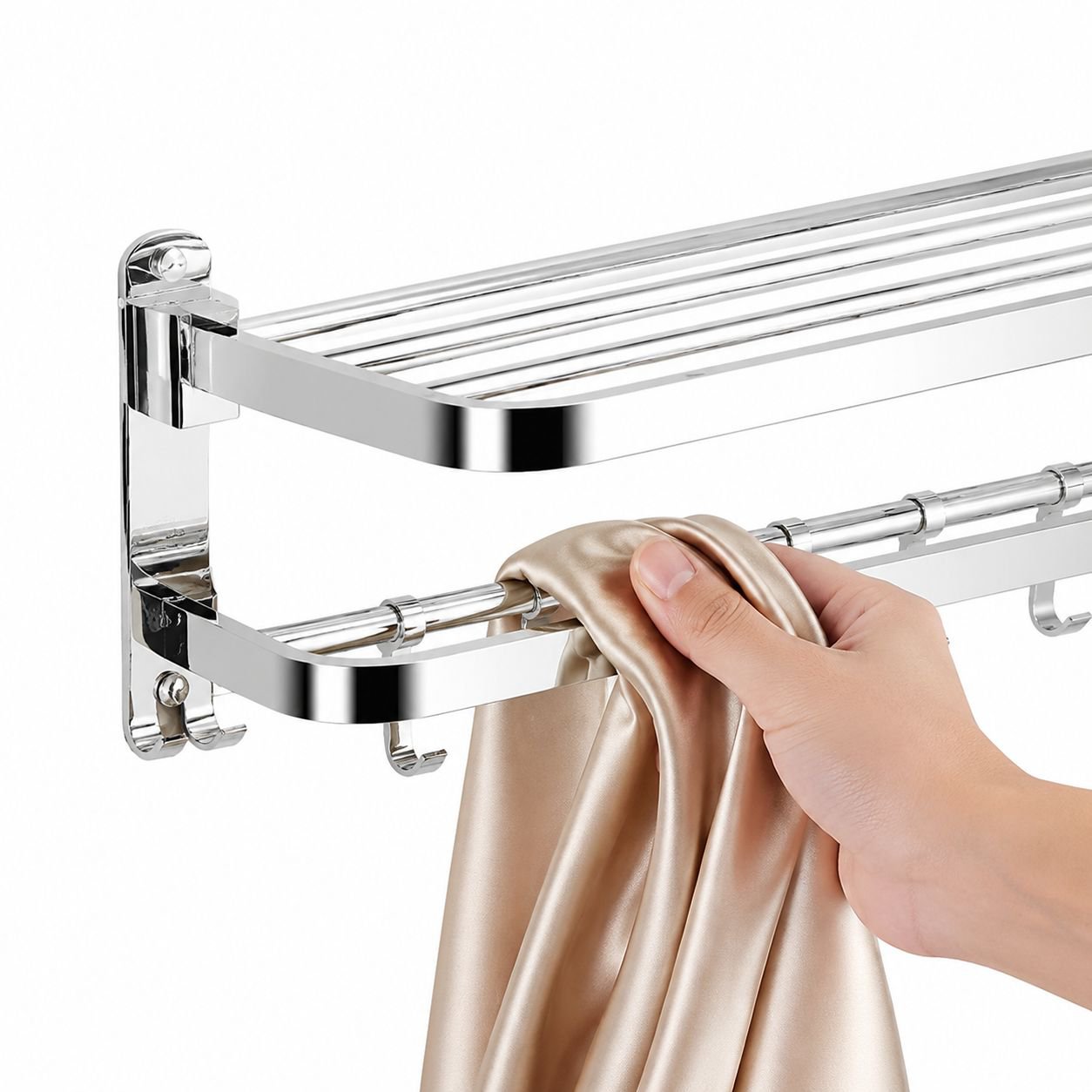 Stainless steel bathroom towel shelf mounted on wall