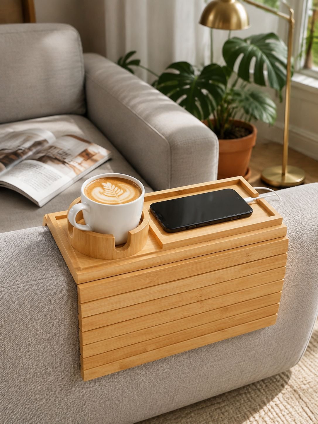 Plateau en bois pour canapé, plateau pour accoudoir de pouf, plateau magnétique pliable portable, pl