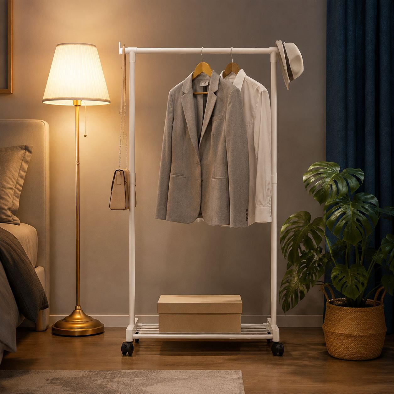 Modern storage rack with multiple shelves for accessories