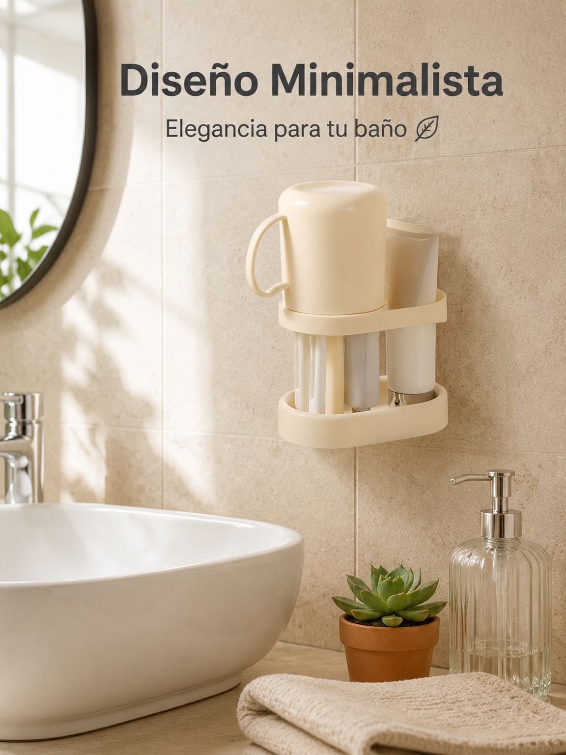 Soporte de cepillos de dientes con vaso de enjuague bucal y compartimentos, diseño minimalista