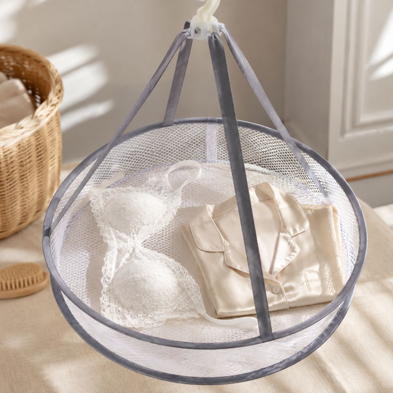 Close-up of mesh material on drying net rack