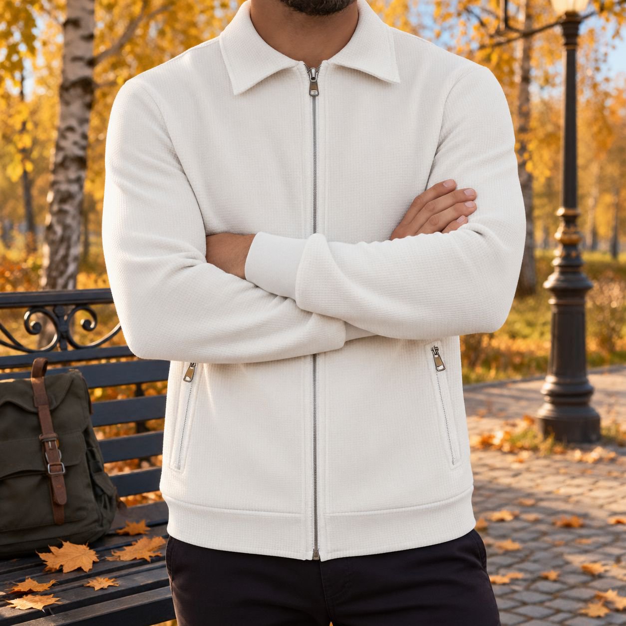 Easy-care zipper cardigan displayed on hanger