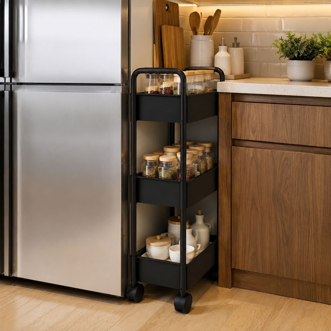 Movable Multi-Layer Storage Rack Carbon Steel Foldable Trolley for Kitchen and Bedroom