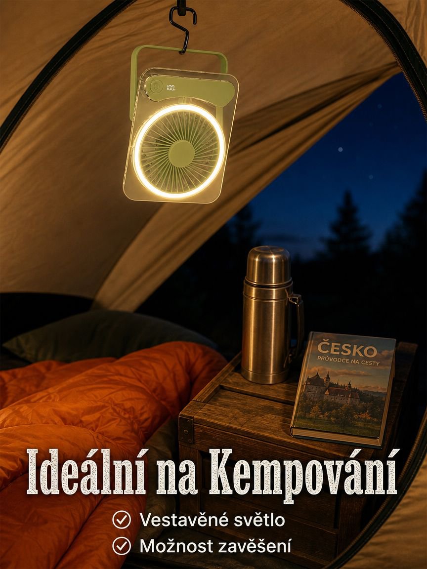 Domácí a studentský přenosný ventilátor s digitálním displejem pro kempování, cirkulační větrák