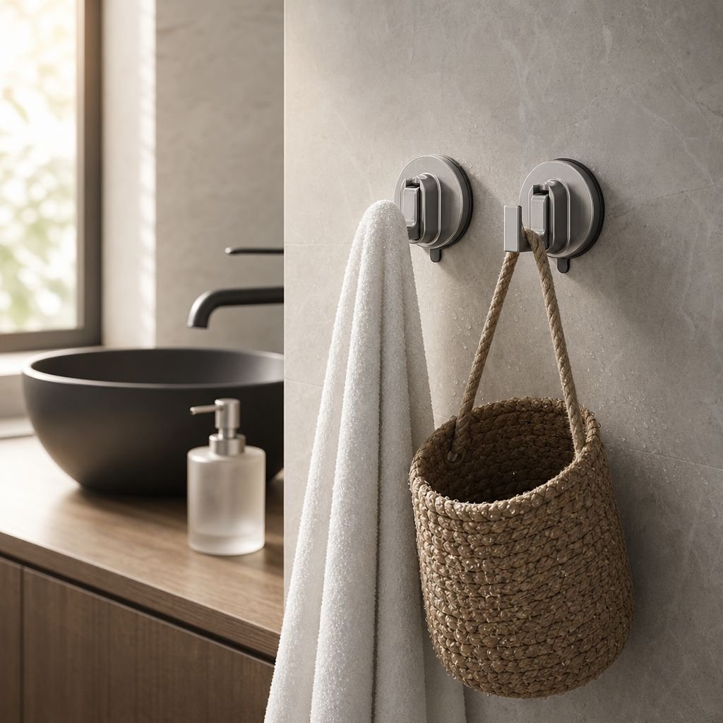 No-Trace Suction Cup Clothes Hook installed in modern bathroom