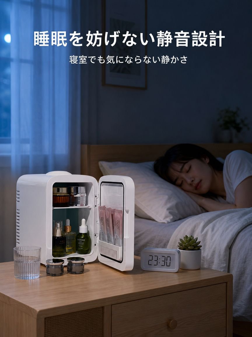 化粧鏡付きの小型冷蔵庫。車内でも家庭でも使用可能。