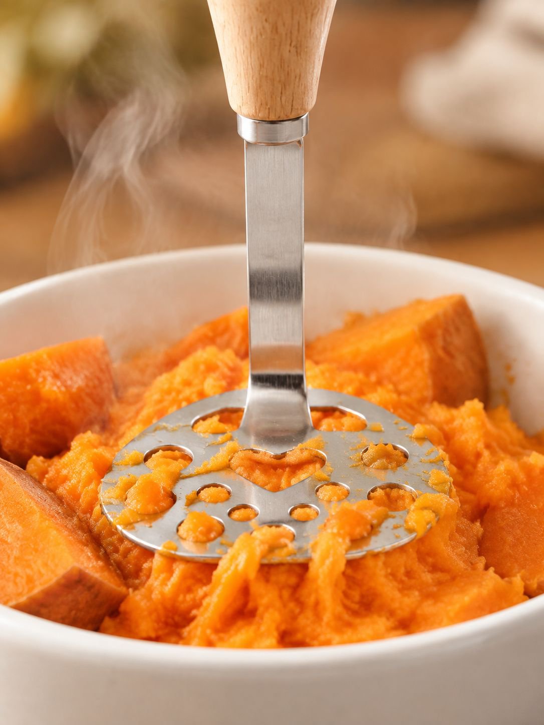 Detalle del prensador de papas con diseño duradero de acero inoxidable