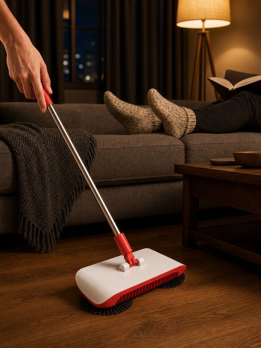 Compact home sweeping machine and dustpan kit