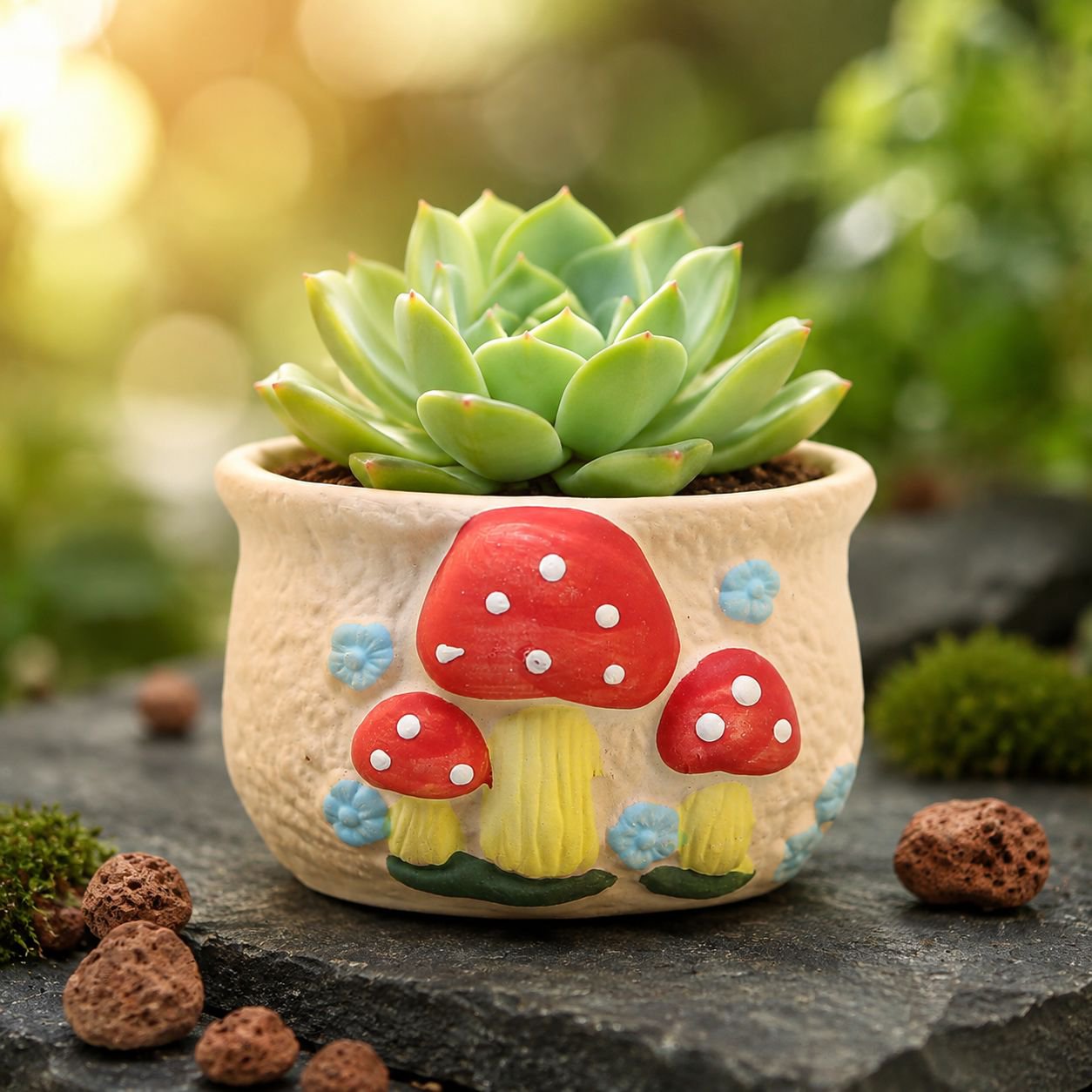 Decorative mushroom ceramic planter filled with green succulents