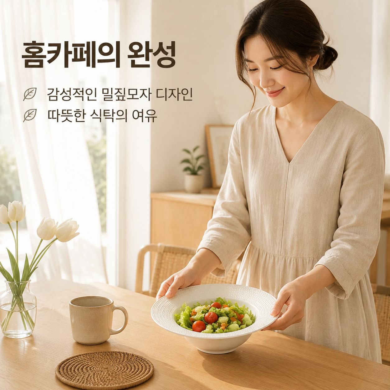 밀짚모자 디자인의 흰색 세라믹 샐러드 볼