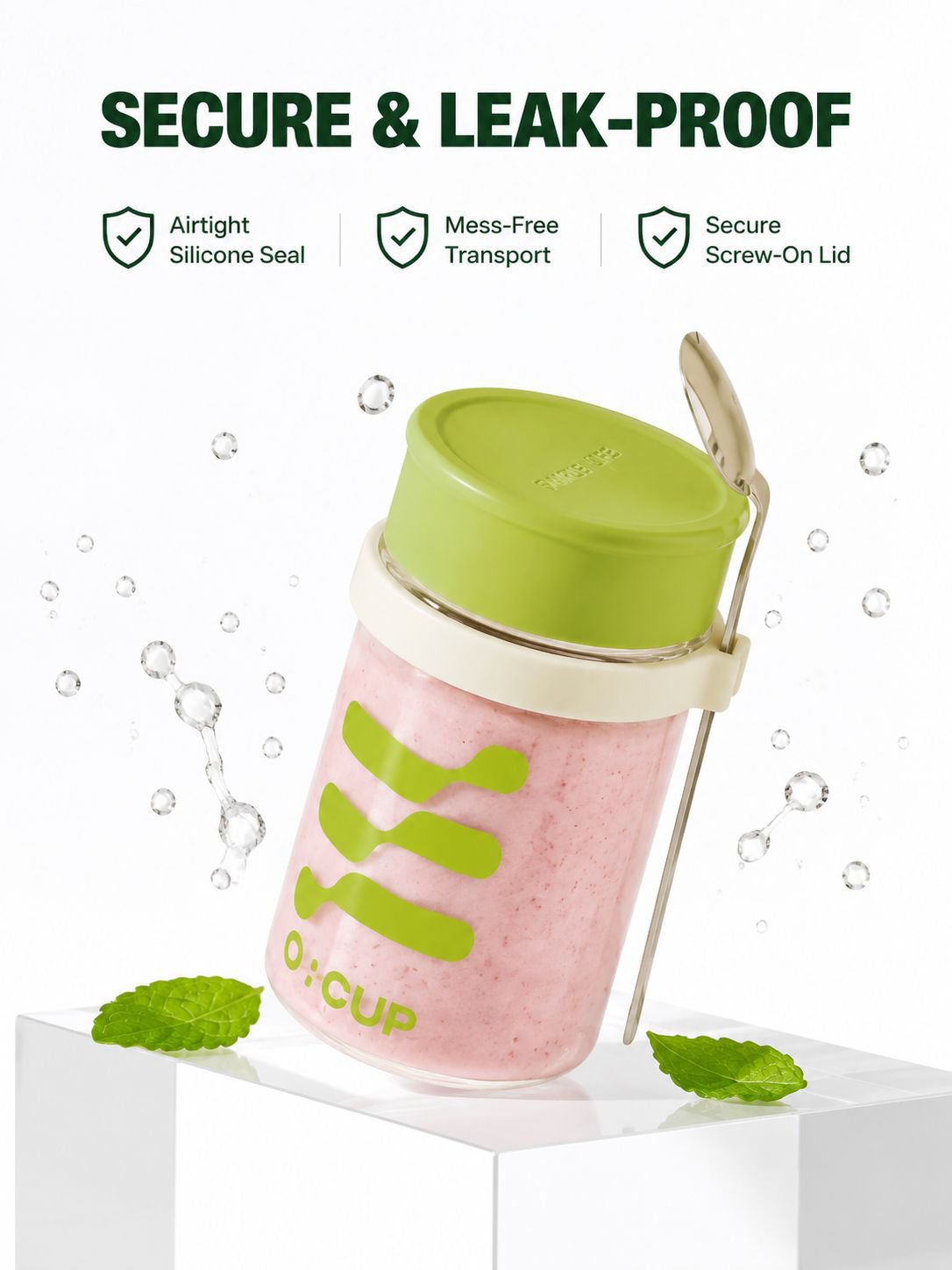 Breakfast cup, oatmeal cup, airtight glass jar with lid and spoon, portable milkshake, yogurt, grano