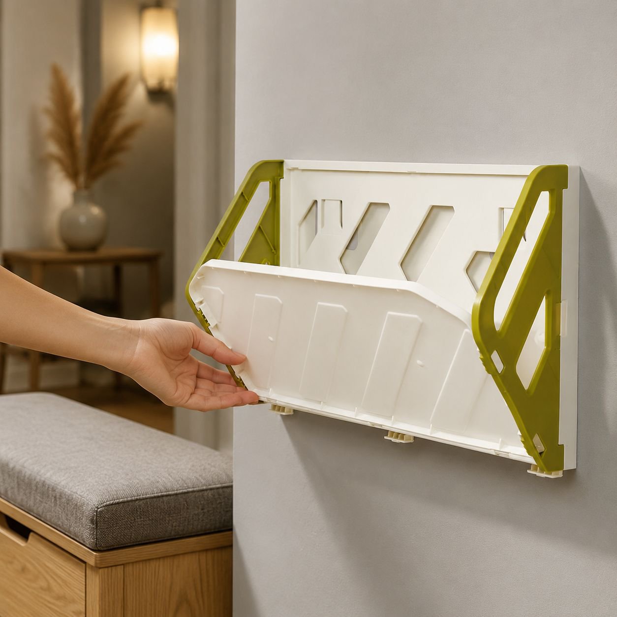 No-drill slipper storage rack in bathroom