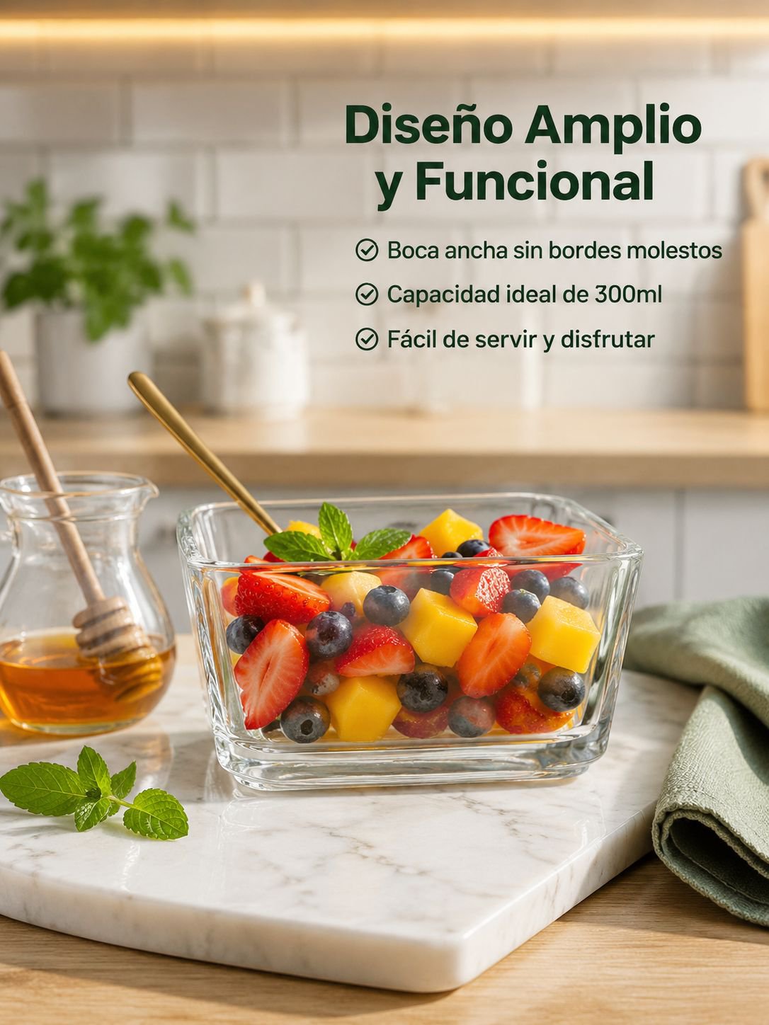 Cuencos de cristal de cuatro esquinas para postres y frutas.