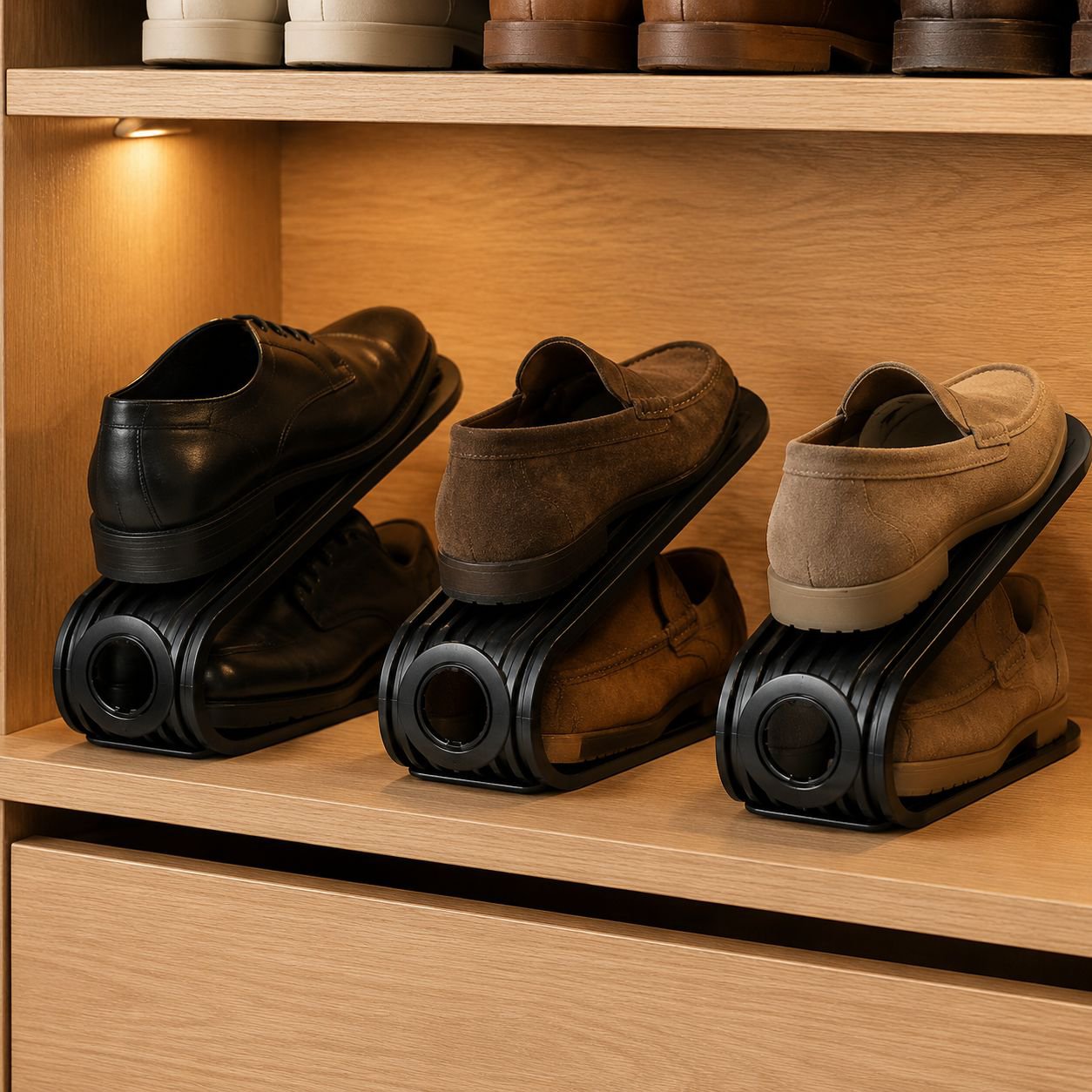 Platzsparendes, faltbares Doppel-Schuhregal mit Schuhablage